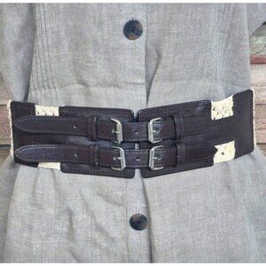 Vintage 90s Lake Shore Drive Brown Double Buckle Belt Cream Crochet Stretch Boho